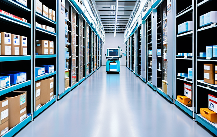 **
"A brightly lit, futuristic hospital warehouse with automated robots meticulously organizing medicine packages. Digital displays show real-time inventory data. Focus on efficiency and advanced technology; emphasize clean, modern design. The setting should feel organized and cutting-edge, hinting at data-driven management."
**