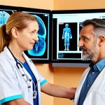 **

A diverse team of healthcare professionals (nurse, doctor, physiotherapist) collaborating around a digital display showing patient data. Focus on the empathetic interaction between a doctor and a senior patient, showcasing modern technology integration. Soft, warm lighting. German clinic setting.

**