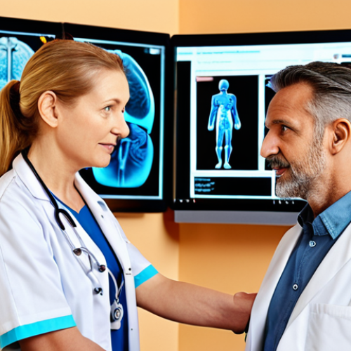 Home 18 **
A diverse team of healthcare professionals (nurse, doctor, physiotherapist) collaborating around a digital display showing patient data. Focus on the empathetic interaction between a doctor and a senior patient, showcasing modern technology integration. Soft, warm lighting. German clinic setting.
**