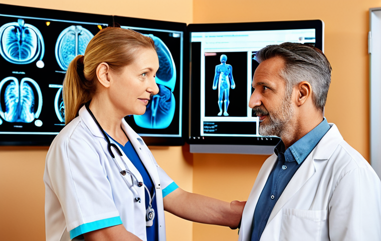**
A diverse team of healthcare professionals (nurse, doctor, physiotherapist) collaborating around a digital display showing patient data. Focus on the empathetic interaction between a doctor and a senior patient, showcasing modern technology integration. Soft, warm lighting. German clinic setting.
**