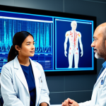 A diverse professional medical doctor, fully clothed in a crisp, modern lab coat, stands confidently beside a large, transparent digital display showing intricate medical data visualizations and personalized treatment plans. A patient, fully clothed in modest, comfortable attire, is seated, calmly engaging with the doctor in a discussion. The setting is a sleek, futuristic clinic with soft, diffused lighting, emphasizing advanced technology and patient-centric care. The atmosphere is optimistic and innovative. perfect anatomy, correct proportions, natural pose, well-formed hands, proper finger count, natural body proportions, professional photography, high quality, 8k, safe for work, appropriate content, fully clothed, professional, modest, family-friendly.