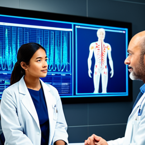 Home 8 A diverse professional medical doctor, fully clothed in a crisp, modern lab coat, stands confidently beside a large, transparent digital display showing intricate medical data visualizations and personalized treatment plans. A patient, fully clothed in modest, comfortable attire, is seated, calmly engaging with the doctor in a discussion. The setting is a sleek, futuristic clinic with soft, diffused lighting, emphasizing advanced technology and patient-centric care. The atmosphere is optimistic and innovative. perfect anatomy, correct proportions, natural pose, well-formed hands, proper finger count, natural body proportions, professional photography, high quality, 8k, safe for work, appropriate content, fully clothed, professional, modest, family-friendly.