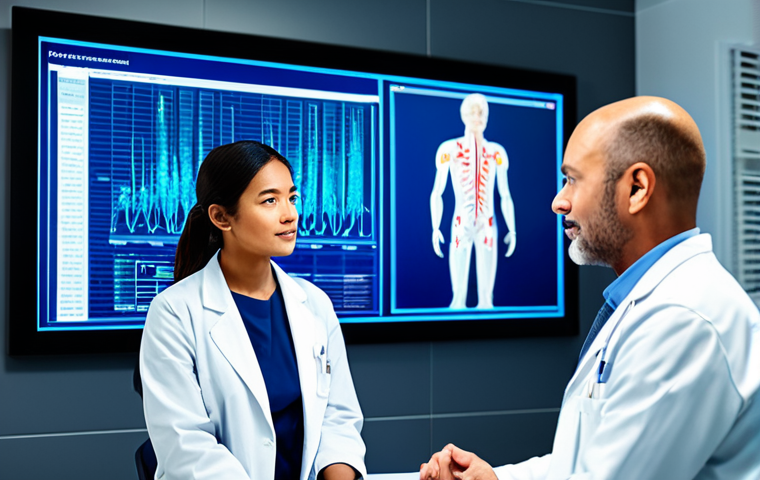 A diverse professional medical doctor, fully clothed in a crisp, modern lab coat, stands confidently beside a large, transparent digital display showing intricate medical data visualizations and personalized treatment plans. A patient, fully clothed in modest, comfortable attire, is seated, calmly engaging with the doctor in a discussion. The setting is a sleek, futuristic clinic with soft, diffused lighting, emphasizing advanced technology and patient-centric care. The atmosphere is optimistic and innovative. perfect anatomy, correct proportions, natural pose, well-formed hands, proper finger count, natural body proportions, professional photography, high quality, 8k, safe for work, appropriate content, fully clothed, professional, modest, family-friendly.