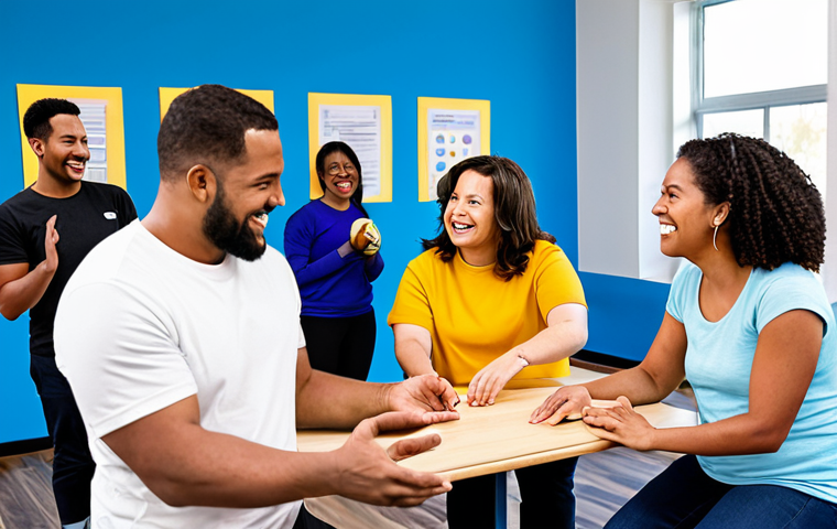 A diverse group of adults and children participating in a health education workshop in a vibrant community center. They are engaged in a fun, interactive activity focused on healthy eating and physical movement. The setting is bright and inclusive, featuring modern design elements. All individuals are fully clothed in modest, comfortable, and appropriate attire. The scene emphasizes community engagement and proactive health. safe for work, appropriate content, fully clothed, family-friendly, perfect anatomy, correct proportions, natural pose, well-formed hands, proper finger count, natural body proportions, professional photography, high quality, studio lighting.