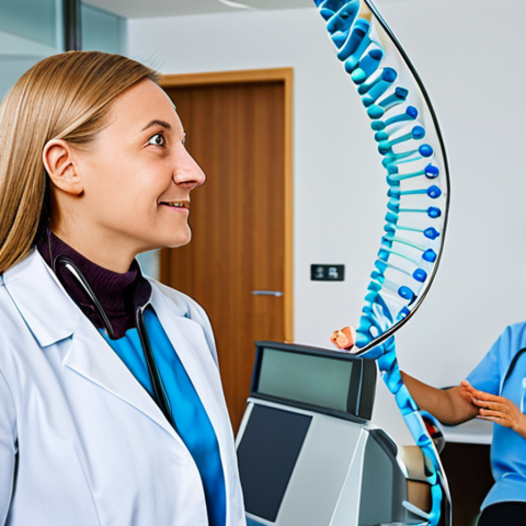 Personalized Medicine in a Modern German Clinic**

"A bright and modern doctor's office in Berlin, Germany. A female doctor, fully clothed in a professional white coat, is consulting with a female patient in modest clothing. A DNA helix graphic floats subtly in the background. The focus is on a friendly, informative interaction. Safe for work, appropriate content, fully clothed, professional, perfect anatomy, natural proportions, high quality, family-friendly atmosphere. Emphasis on trust and scientific advancement."

**