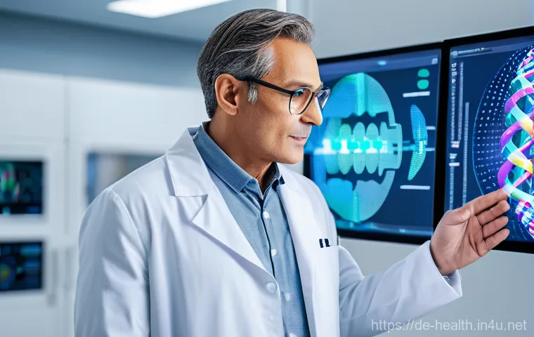 보건학과 생명과학 - **Prompt:** A diverse, middle-aged male doctor, wearing a modern lab coat over a professional shirt,...