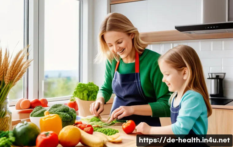 보건학에서의 아동 건강 - A cheerful German family cooking together in a bright, modern kitchen filled with fresh vegetables, ...