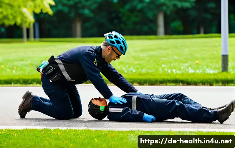 보건학과 응급처치 - A detailed, realistic scene of a first responder demonstrating the stable side position on an uncons...