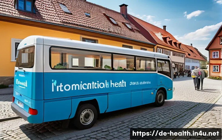 보건학과 농촌 지역 보건 - A detailed scene depicting a rural German village health outreach event with a modern mobile health ...