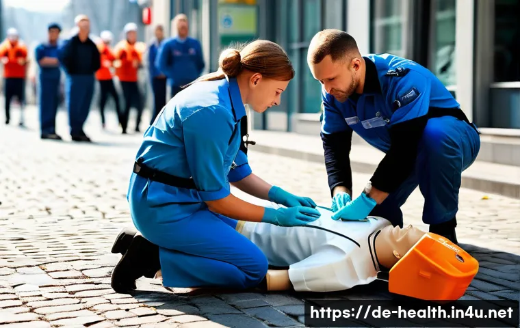 보건학과 응급 의료 - A dynamic emergency medical team in action at a German urban street scene, featuring professional pa...