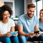 Home 22 보건학과 보건 교육 및 홍보 - A vibrant digital health promotion scene showing a diverse group of German adults engaging with soci...