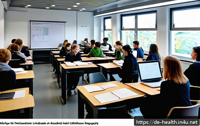 보건학과 교재 추천 - A modern university classroom setting in Germany, featuring a diverse group of adult students attent...