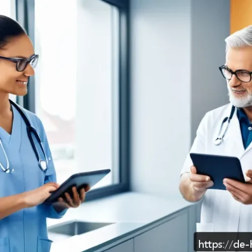 Home 32 보건학과 질병관리본부 - A modern German healthcare setting featuring a diverse group of adults using digital health apps and...