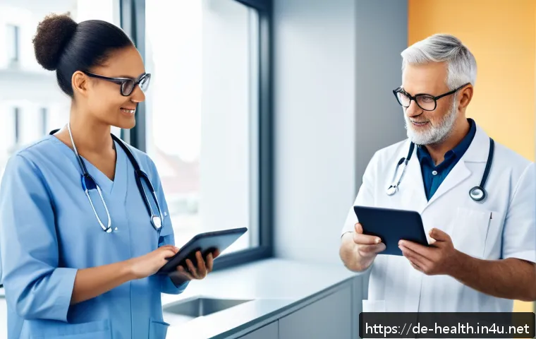 보건학과 질병관리본부 - A modern German healthcare setting featuring a diverse group of adults using digital health apps and...