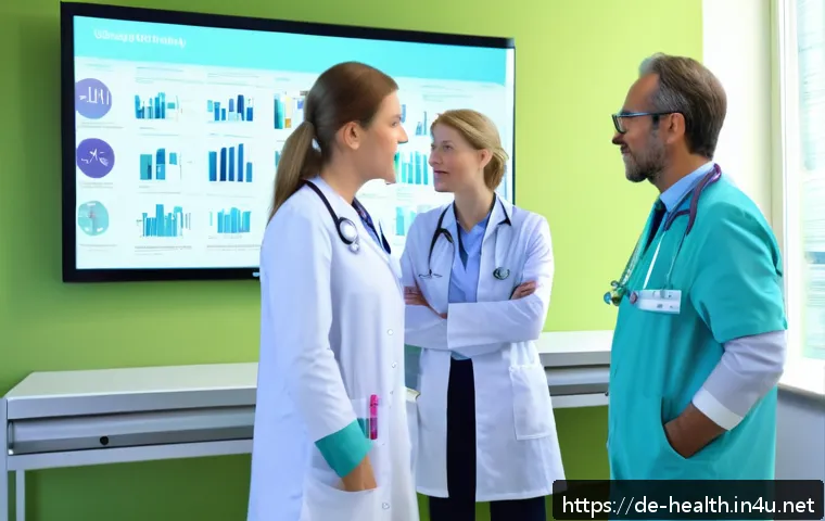 보건학과 병원관리 - A modern hospital interdisciplinary team meeting in a bright, clean conference room in Germany, show...