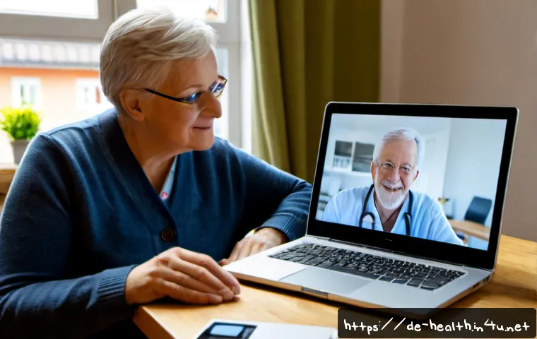 보건학에서의 원격 진료 - Photorealistic telemedicine consultation in a modern German home, friendly middle-aged female doctor...